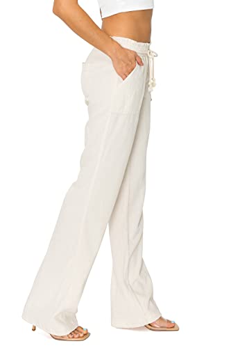 Women's Casual Linen Pants - 29", 32" Oceanside Drawstring Smocked Waist Beach Lounge Trousers with Pockets