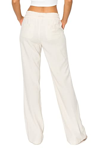 Women's Casual Linen Pants - 29", 32" Oceanside Drawstring Smocked Waist Beach Lounge Trousers with Pockets