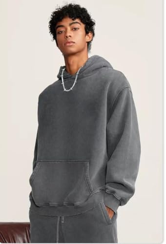 Mens Oversized Hoodies Pullover Vintage Sweatshirt Acid Wash Heavyweight Plush Cotton Baggy Streetwear Top Athletic