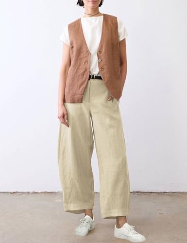 Womens Linen Pants Casual Capri Baggy Wide Leg Trousers Palazzo Pants Beach Vacation Outfits