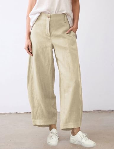 Womens Linen Pants Casual Capri Baggy Wide Leg Trousers Palazzo Pants Beach Vacation Outfits