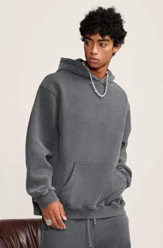Mens Oversized Hoodies Pullover Vintage Sweatshirt Acid Wash Heavyweight Plush Cotton Baggy Streetwear Top Athletic