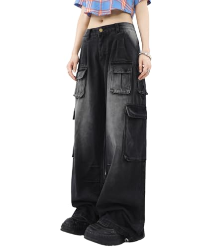 Cargo Pants with Pockets Men Women Baggy Jeans Y2k Wide Leg Grunge Loose Jeans Clothes Streetwear Black