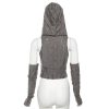Women Off Shoulder Hooded Top - Ripped Crop & Long Sleeve Y2K Tees With Detachable Sleeves