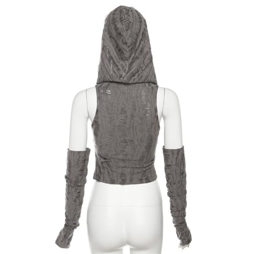 Women Off Shoulder Hooded Top - Ripped Crop & Long Sleeve Y2K Tees With Detachable Sleeves