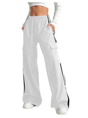 Women's Cargo Pants Baggy Straight Wide Leg Track Pants Striped Joggers with Pockets Athletic Streetwear