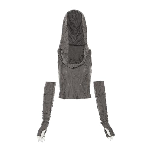 Women’s Ripped Hoodie Sweater Vest Hollow Out Hooded Crop Top Knit Pullover Streetwear with Oversleeve
