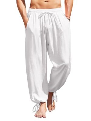 Men's Cotton Linen Pants Casual Harem Pants Elastic Waist Beach Boho Yoga Trousers