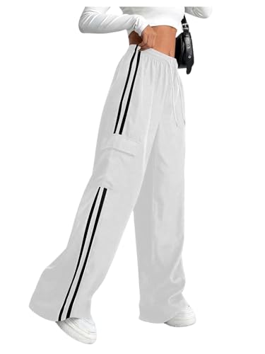 Women's Cargo Pants Baggy Straight Wide Leg Track Pants Striped Joggers with Pockets Athletic Streetwear