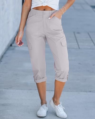 Cargo Capri Pants for Women High Waisted Relaxed Fit Elastic Knit Waist Casual Capris Trousers Cropped Pants