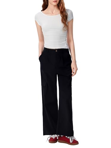 Women Wide Leg Pants Button Fly Business Casual Pants Bottoms with Pockets