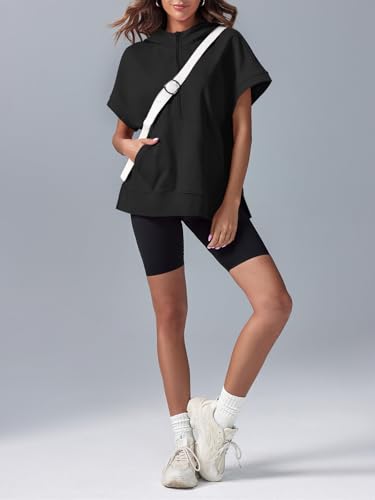 Womens Oversized Half Zip Hoodies Short Sleeve Casual Sweatshirts Pullover Tops with Pockets