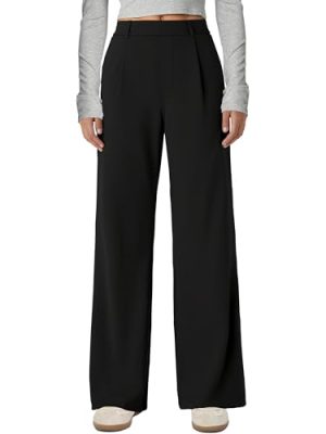 Wide Leg Pants for Women Stretchy Pull On Work Pants High Waisted Business Casual Trousers Slacks with Pockets