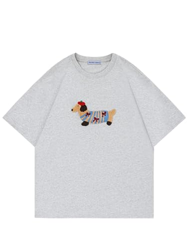 Mens Oversized Graphic Tees Dog Embroidery Casual Women Tshirts Short Sleeve Top Cotton Cute Tee Shirt