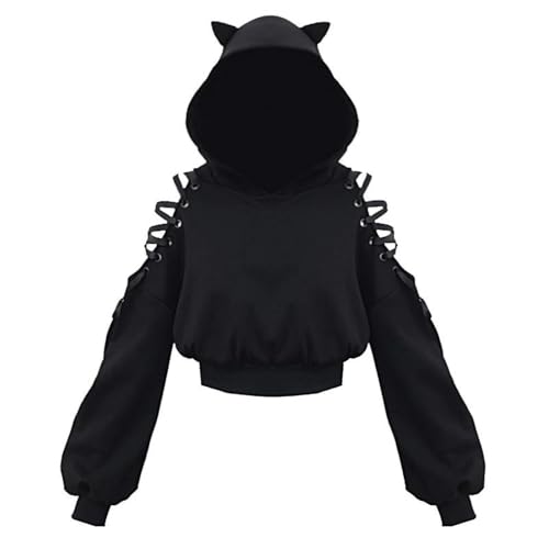 Women's Cat Ear Hoodie Pullover Long Sleeve Off Shoulder Cute Crop Top Hoodies Sweatshirt