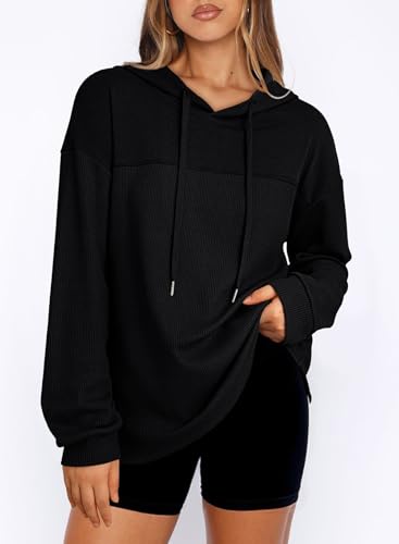 Womens Hoodies Casual Waffle Knit Long Sleeve Drawstring Pullover Sweatshirts Lightweight Hooded Tops