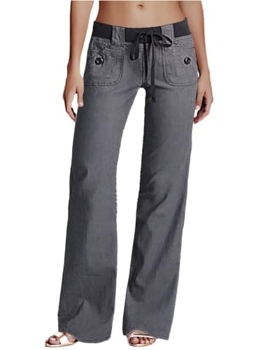 Low Rise Cargo Wide Leg Pants for Women Drawstring Flap Pockets Y2K Bow Tie Casual Flare Pants