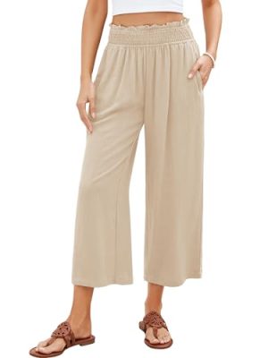 Capri Pants for Women High Waisted Wide Leg Linen Palazzo Trousers Pull On Elastic Smock Waist Loose Flowy Pants