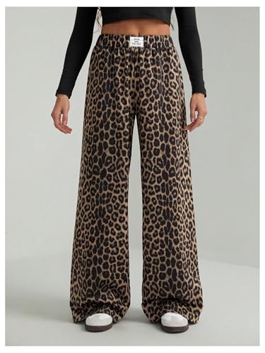 Women's Leopard Print Wide Leg Pants Patched Elastic Waist Casual Loose Trousers