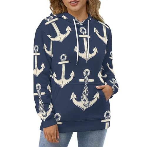 Anchors Nautical Pattern Adult Hoodies Pullover Hooded Sweatshirts Long Sleeve Sweater Tops with Pocket