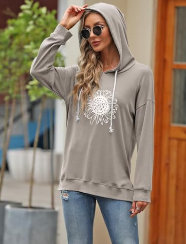 Women Sunflower Graphic Hoodies Long Sleeve Pullover Drawstring Sweatshirt Loose Fit Tunic Tops