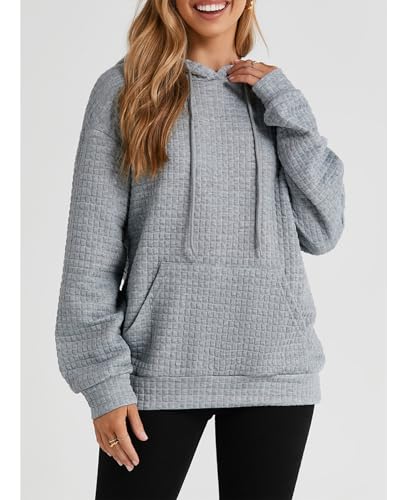 Hoodies For Women Casual Pullover Waffle Long Sleeve Drawstring Hooded Sweatshirt with Pocket