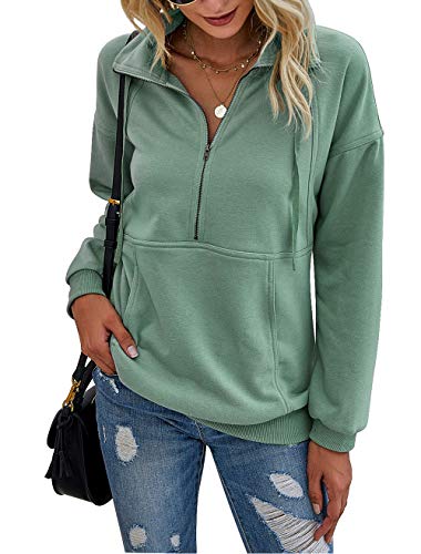 Women's Casual Long Sleeve Lapel Zipper Sweatshirt Drawstring Loose Pullover Tops