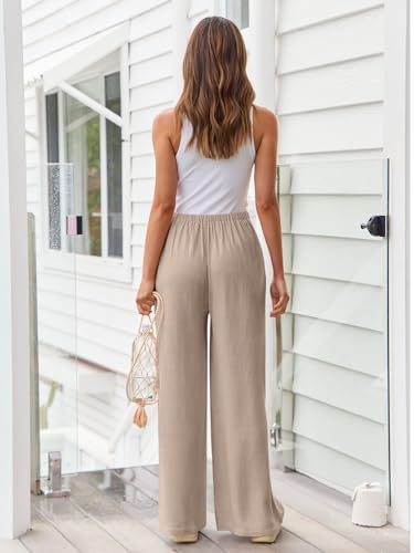 Women's Linen Summer Palazzo Pants Flowy Wide Leg Beach Pants with Pockets