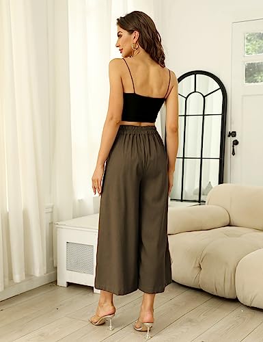 Women's Culottes Linen Cropped Wide Leg Pants Elastic Waist Casual Palazzo Trousers with Pockets