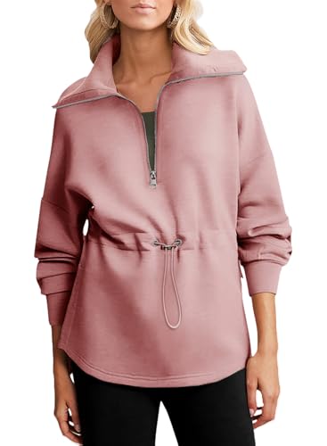 Womens Sweatshirt Oversized Half Zip Up Drawstring Waist Long Sleeve Side Slits Soft Casual Pullover Sweatshirts Tops