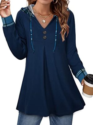 Women's Long Sleeve Hooded Tunic Tops Button Swing Pullover Hoodie Sweatshirts