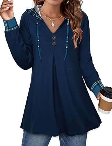 Women's Long Sleeve Hooded Tunic Tops Button Swing Pullover Hoodie Sweatshirts
