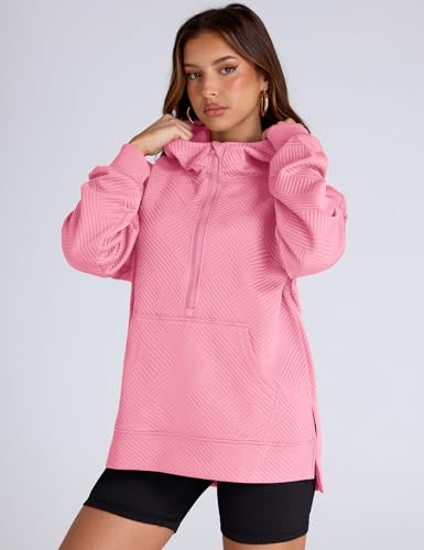 Womens Oversized Half Zip Hoodies Long Sleeve Textured Casual Sweatshirts Loose Fall Pullover Tops with Pockets