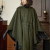 Women Tweed Hooded Belted Cloak Buttons Closure Sleeveless Satin Lining Wool Poncho