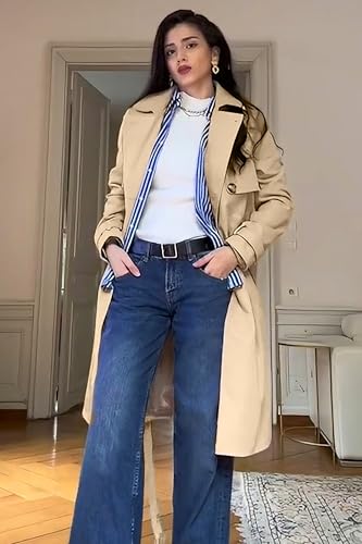 Women's 3/4 Length Double Breasted Trench Coat Lapel Jacket with Belt