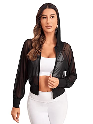 Women's Activewear Long Sleeve Hooded Sheer Mesh Sports Jacket Workout Crop Top