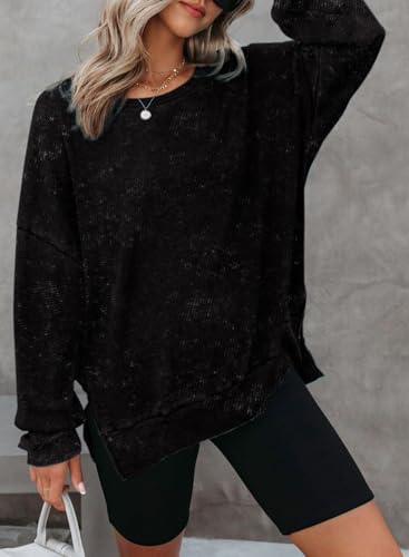 Womens Oversized Waffle Knit Crewneck Sweatshirts Long Sleeve Side Slits Casual Pullover Sweatshirt Tops