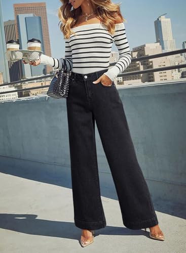 Women's Casual High Waisted Jeans Stretch Wide Leg Loose Denim Pants with Pockets