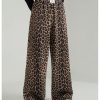 Women's Leopard Print Wide Leg Pants Patched Elastic Waist Casual Loose Trousers