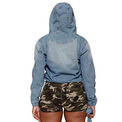 Women's Half Zip Denim Hoodie Pullover Jackets Jean Tops