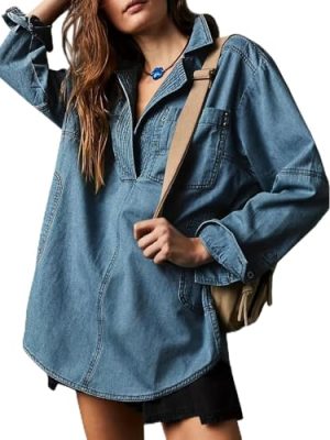 Women Casual Long Sleeve Denim Pullover Top Jean Shirt Turndown V Neck Oversized Denim Shirt Hoodie Sweatshirt