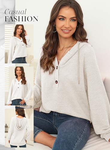 Hoodies for Women Waffle Knit Long Sleeve Drawstring Button V Neck Casual Pullover Sweatshirt Hooded Tops