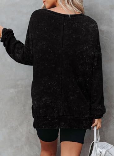 Womens Oversized Waffle Knit Crewneck Sweatshirts Long Sleeve Side Slits Casual Pullover Sweatshirt Tops