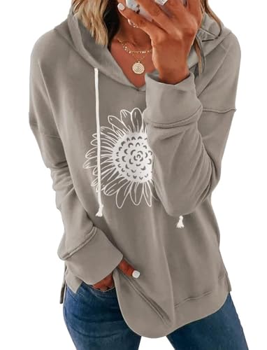 Women Sunflower Graphic Hoodies Long Sleeve Pullover Drawstring Sweatshirt Loose Fit Tunic Tops