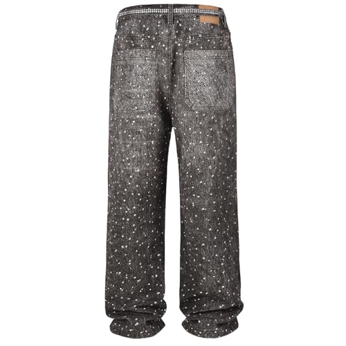 Mens Rhinestone Jeans Vintage Baggy Sparkly Pearl Bling Jeans Chic Wide Leg Denim Pants Womens Y2K Grunge Clothes