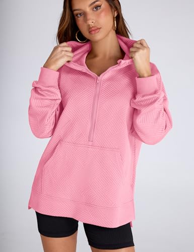 Womens Oversized Half Zip Hoodies Long Sleeve Textured Casual Sweatshirts Loose Fall Pullover Tops with Pockets