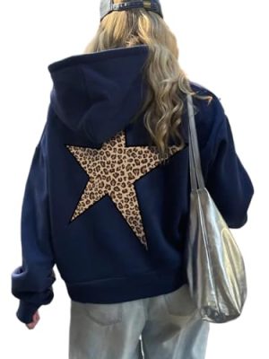 Star Graphic Hoodies Oversized Y2k Leopard Print Hooded Sweatshirt Cheetah Hoodie Streetwear Unisex Pullover Tops