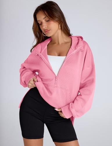 Womens Oversized Half Zip Hoodies Long Sleeve Textured Casual Sweatshirts Loose Fall Pullover Tops with Pockets