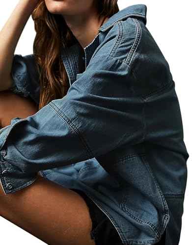 Women Casual Long Sleeve Denim Pullover Top Jean Shirt Turndown V Neck Oversized Denim Shirt Hoodie Sweatshirt