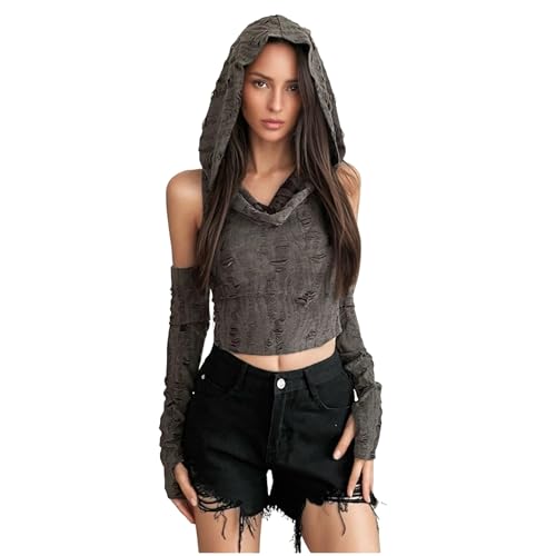 Women’s Ripped Hoodie Sweater Vest Hollow Out Hooded Crop Top Knit Pullover Streetwear with Oversleeve